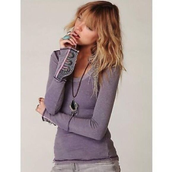 FREE PEOPLE MOTO CUFF THERMAL TOP SMALL PURPLE - Picture 1 of 8